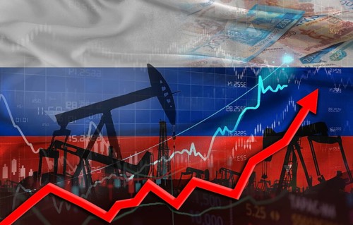 Oil production with Russian flag, petrol industry. Oil pumps with Russia flag
