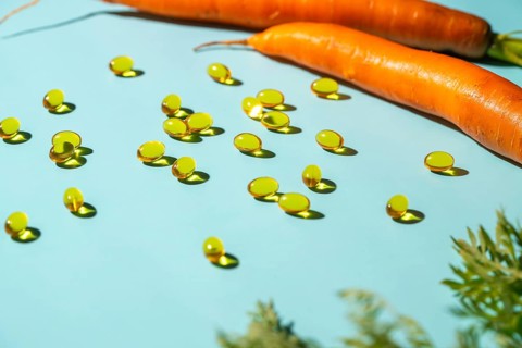 A vibrant image of softgel vitamin capsules spread across a light blue surface alongside fresh