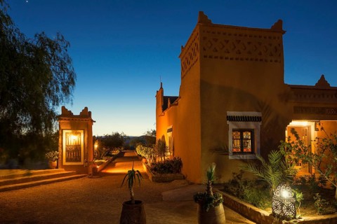 Kasbah style hotel, blue hour, Boumalne Dades, Dades Valley, Atlas Mountains, Morocco
