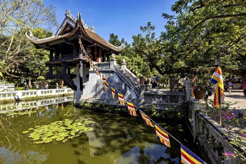 A traditional pagoda with a pond full of lotus blossoms, surrounded by trees and a tranquil
