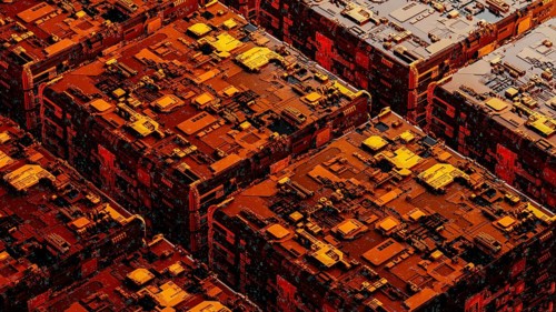 This background showcases a complex arrangement of abstract circuitry, with warm orange hues and