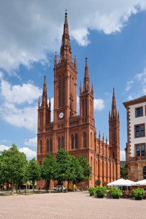 Brick building of the neo-Gothic market church, Schlossplatz, Kurbad Wiesbaden, Hesse, Germany