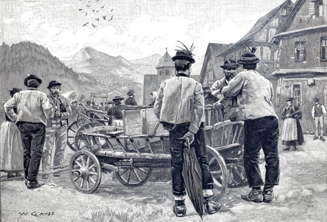 Arrival of wagons and traders at a market in Tyrol, 1890, Austria, illustration, reproduction from