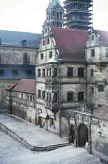 Scaffolding around the tower of the cathedral church in Bamberg, Bavaria, Germany, 1960s