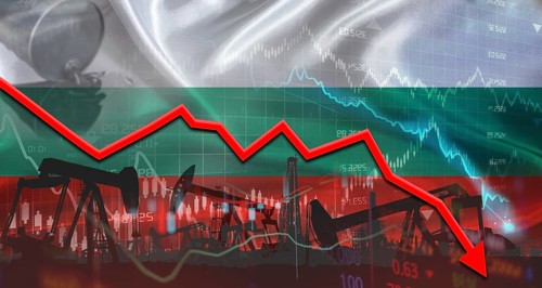 Fall oil price with Bulgarian flag on economic chart. Petrol crisis with Bulgaria flag on financial