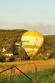 Hot air balloon with advertising Siegener Versorgungsbetriebe flying over a wooded area, Wilnsdorf,