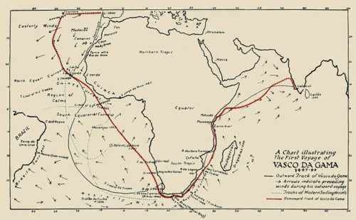 Map of the first voyage of Vasco da Gama, c. 1460s – 1524, Portuguese explorer, digitally edited