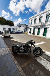 Harley-Davidson, retro, parked at the roadside, old town of Haria, Lanzarote, Canary Islands, Spain