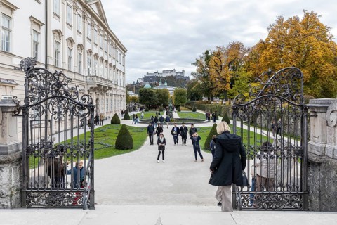 Mirabell Palace and Palace Park, small garden axis with Pegasus fountain and view of Hohensalzburg