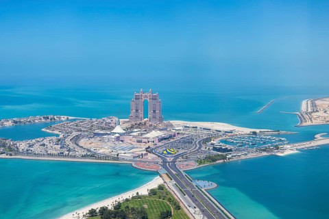 United Arab Emirates, Abu Dhabi waterfront downtown marina and coastal panorama and skyline