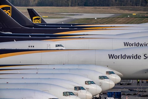 Cologne-Bonn airport, CGN, air freight center, UPS logisic hub, UPS cargo aircraft on the apron, at