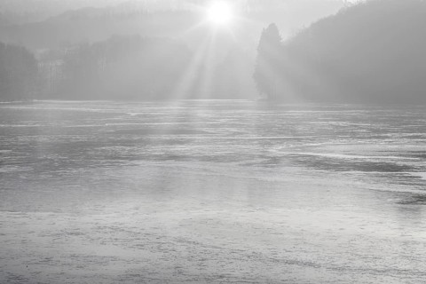 Frozen lake, structures of the water surface