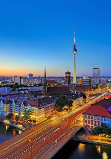City view, elevated viewpoint with Spree, Nikolaiviertel quarter, Rotes Rathaus and Fernsehturm in