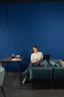 Woman in casual attire sitting on a modern couch with a laptop. Blue brick wall background, books,