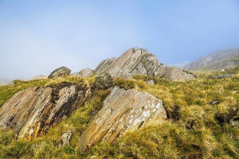 Pyg Track over Llyn Llydaw lake, Pen-y-Pass, mountain pass, Snowdonia, Gwynedd, north-west Wales,