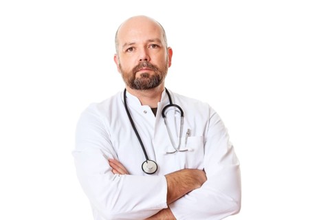A doctor with a stethoscope, 40 years old, bearded, Bavaria