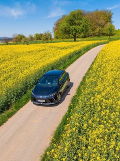 Car on a winding road, surrounded by blooming rape fields and sunlight, Deer E- Carsharing, Calw,