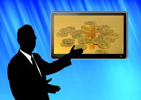 Symbolic image for stock market, Bitcoin, banker offers Bitcoin, bull and bear, rising and falling