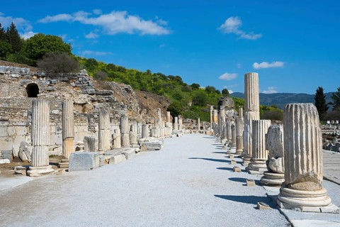 Ancient Roman ruins with pillars under blue sky surrounded by green landscape, Sacred Road, Efes,