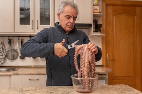 A man in a home kitchen uses scissors to clean a fresh octopus, demonstrating a step in seafood