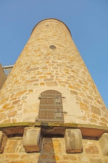 Round Drusel Tower built in 1774 with wooden door and fittings, part of the former historic city