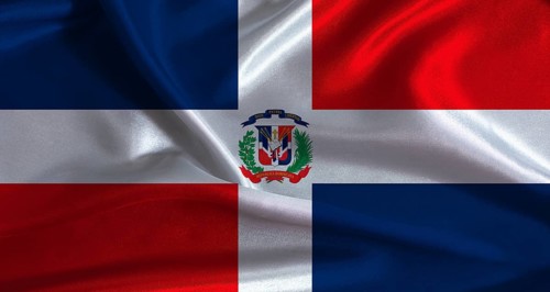Dominican Republic flag with cloth textured background. National flag of Dominican Republic with