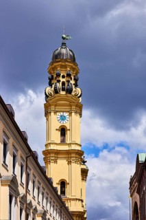Church tower of the Theatine Church, St. Kayetan and Adelaide, church spire, church tower clock,