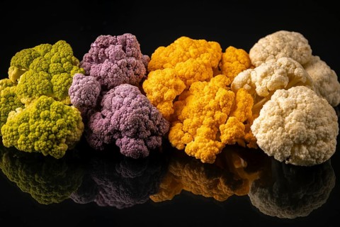 Several heads of cauliflower in different colors on a mirrored surface