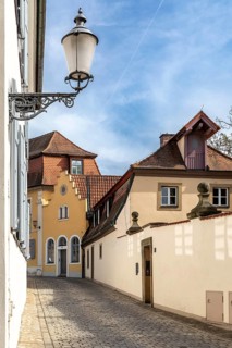 Narrow street in the ice pit, mountain town of Bamberg, Bavaria, Germany