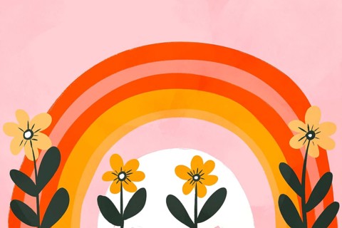 A colorful illustration featuring a vibrant rainbow arching across a pink background, surrounded by