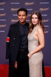 Jaafar Jackson and his partner Maddie Simpson at the world premiere of the movie Michael on Uber