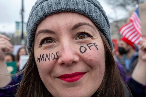Detroit, Michigan USA - 5 April 2025 - A 'Hands Off' demonstration protests the Trump