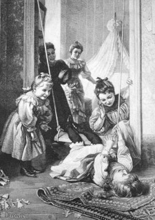 Child has fallen from the swing and is lying on a carpet, the playmates and mothers are amused,