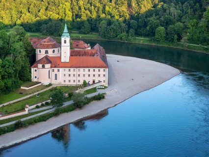 View of the Danube and Weltenburg Abbey at the Danube Breakthrough, Danube Valley near Kelheim,