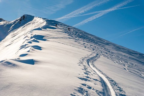 Ski tourers in a trail next to a snowfall, small grater, Berchtesgaden National Park, Schönau am