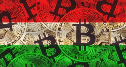 Hungary flag with Bitcoins in the background. Investors in cryptocurrency and Blockchain Technology