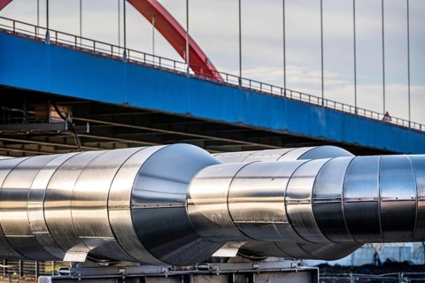 Iqony district heating pipes at the city port, crosses the Rhine-Herne Canal in Essen, A42 motorway
