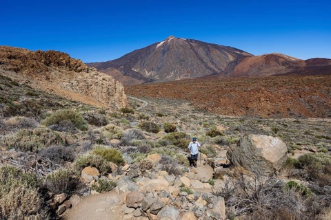 Mountain hiking, hikers on the way to Montana Guajara, view to Teide, Teide National Park,