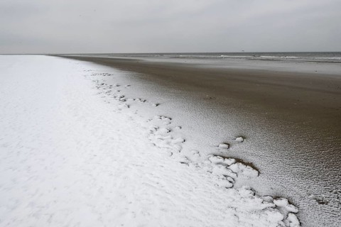 North Sea beach in snow, Langeoog, Lower Saxony, Germany