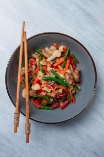 Wok, Asian-style vegetables, street food, mixed vegetables, no people, top view