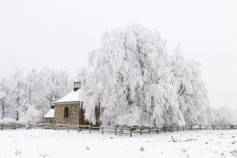 Fischbach chapel, winter, High Fens, Hautes Fagnes, Ardennes, Belgium