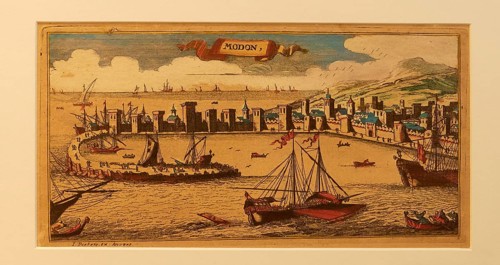 Coloured view of a historic port with ships and town in the background, Historical Museum, Battle