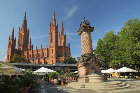 Dernsches Gelände with Market Column, Neo-Gothic Market Church, Wiesbaden, Taunus, Hesse, Germany