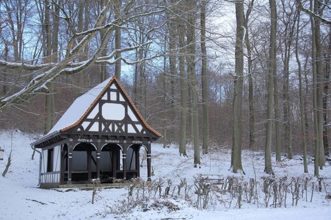 Schutzhütte Alfred Schulte Hütte built in 1937 in winter with snow, forest, Dambachtal, Wiesbaden,
