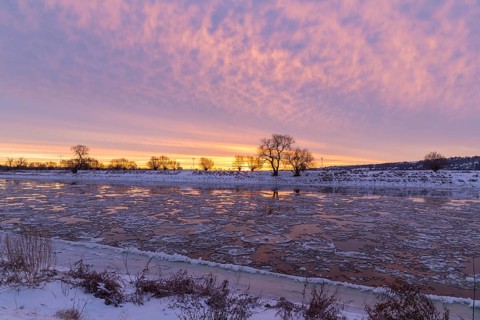 Cold winter morning on the Elbe with floating ice floes, snow and dawn at sunrise, Kötzschenbroda,