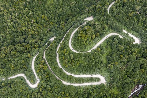 Aerial view of a winding road (Carretera Austral) through dense forest, south of Puyuhuapi, Aysén