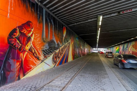 Huge street art pictures in a road tunnel in Gelsenkirchen, the approximately 120 meter long