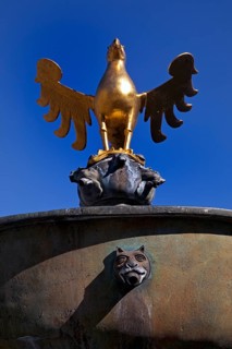 Gilded imperial eagle as a fountain eagle on the market fountain, Old Town, Goslar, UNESCO World