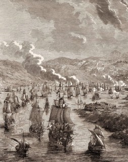 The Spanish fleet at Cagliari, Sardinia, Italy, conquest of Sardinia, 1717