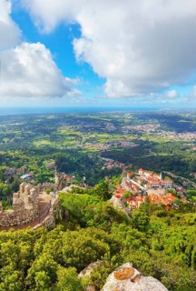 View of Castelo dos Mouros and Sintra town in the distance, Sintra, Portugal